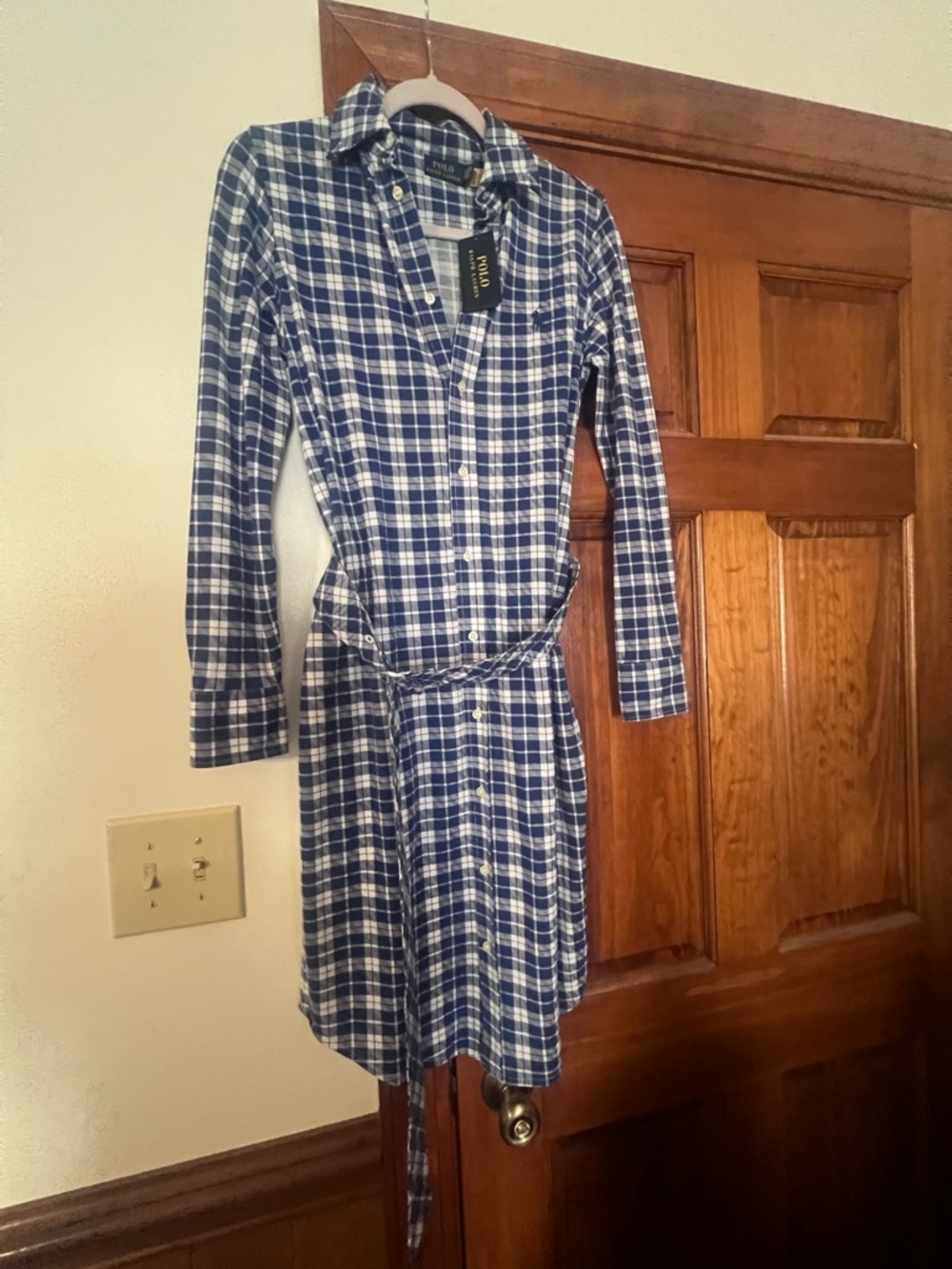 Polo Ralph Lauren Plaid Shirt Dress Blue White Belted Small NWT